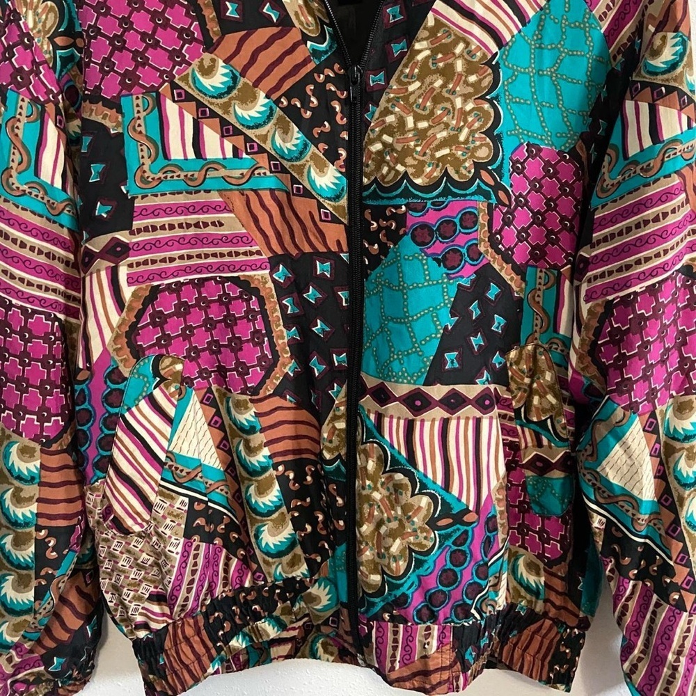 Vintage 80s Oleg Cassini Silk Multicolor Patchwork Bomber Jacket - Picture 2 of 5
